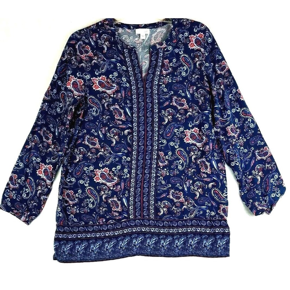 J. Jill Blouse Women's Small Blue Multi-Color Paisley Rayon w/Shell Buttons